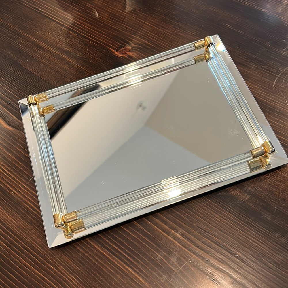 Vintage 70’s Regency Mirror Gold Bar Vanity or Barware Tray.